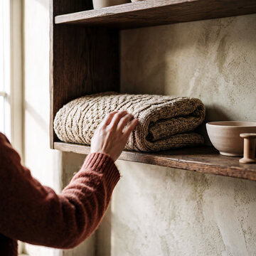 Close up of a female hand touching a folded handmade knitted blanket on a rustic wooden shelf in a cozy craft boutique