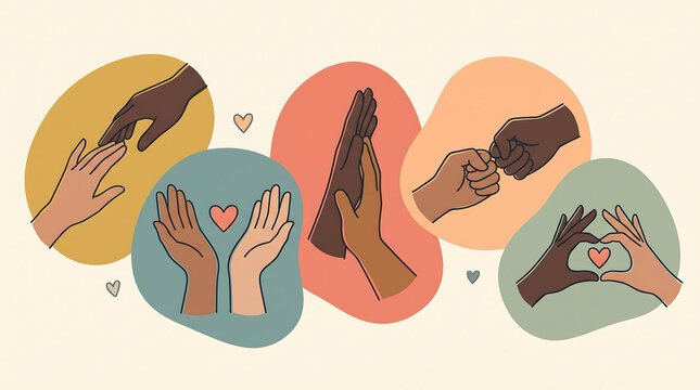 Set of illustrations depicting diverse hands showing unity and support with holding hands