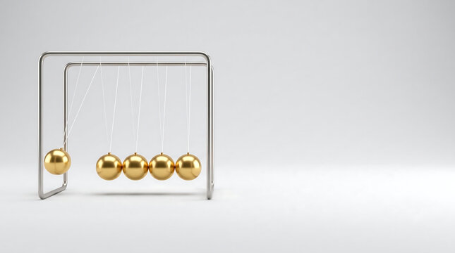 Newton's cradle with gold spheres, kinetic energy concept on white background, executive desk toy showing momentum and physics