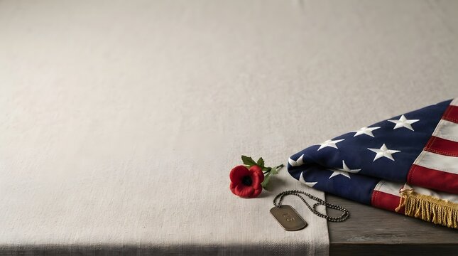 Folded american flag resting on a dark surface with a blurred background