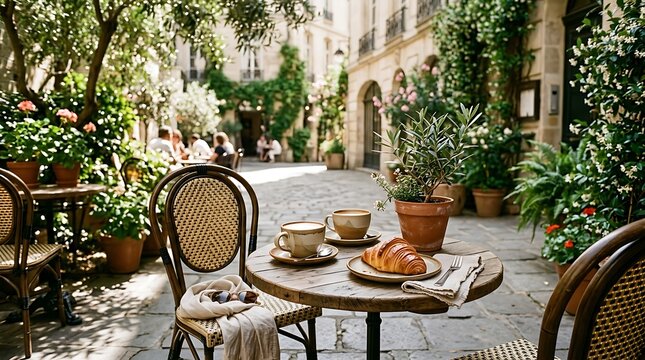 Coffee and croissant on a table in a charming Parisian courtyard with lush greenery