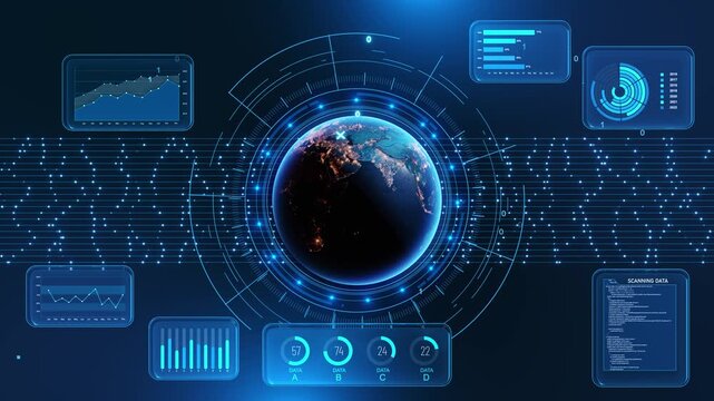 Glowing globe HUD financial metrics performance displays monitor global data. AI analytics, global markets, enterprise strategy, network operations, risk analysis, innovation executive presentations.