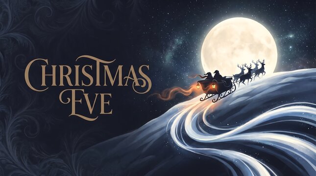 Magical Christmas Eve Illustration of Santa Claus Sleigh with Reindeer Flying over Snowy Mountains under Large Full Moon Night Sky