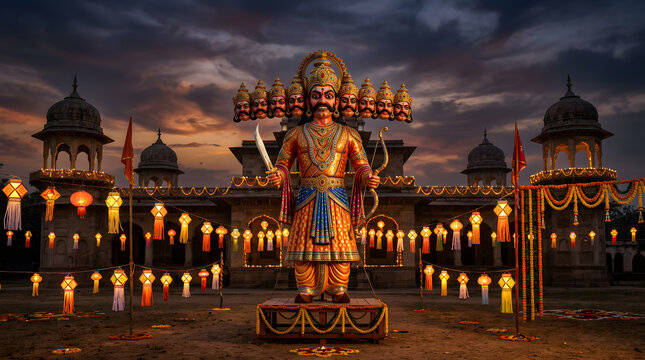 Ravana effigy with ten heads for Dussehra festival celebration.