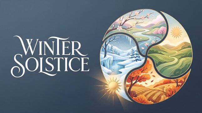 Winter Solstice Illustration Featuring Four Seasons Wheel of the Year Cycle with Spring Summer Autumn and Winter Landscapes on Dark Background