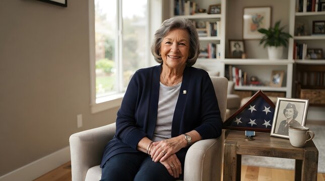 Smiling senior woman sitting in armchair by window in cozy home interior