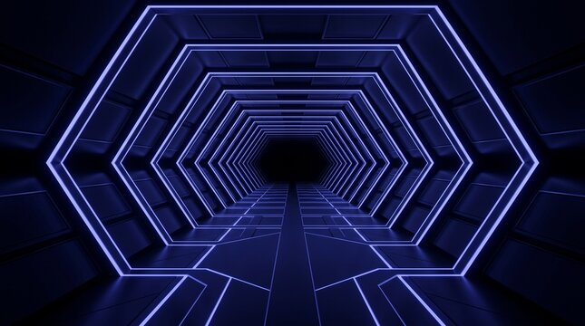 Futuristic hexagonal neon tunnel with blue glowing lights, sci-fi spaceship corridor background, high-tech cyber interior