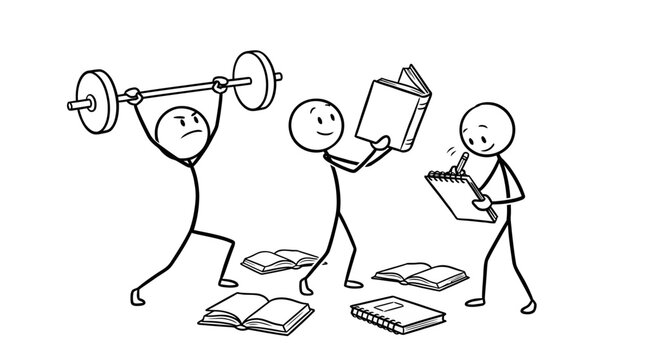 Stick figures balancing heavy weightlifting and academic study