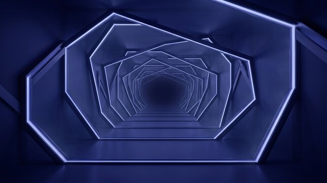 Futuristic blue neon tunnel with geometric hexagonal shapes. Abstract sci-fi corridor background. Cyberpunk glowing portal for tech concepts.