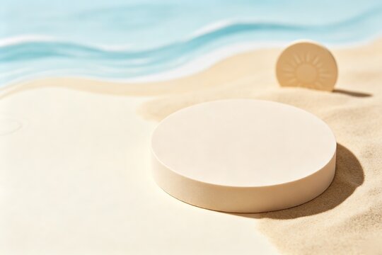 Beige Circular Podium Sandy Surface Light Blue Water Waves Beach