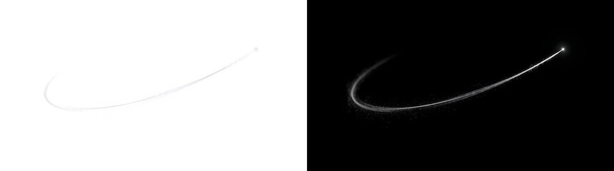 Shooting star background with a curving white trail and scattered stardust for PNG, Transparent and Black Background Versions © Guddoo