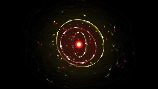 Glowing atom model with spinning electron orbits and a bright nucleus rotating against black background in science energy particle animation