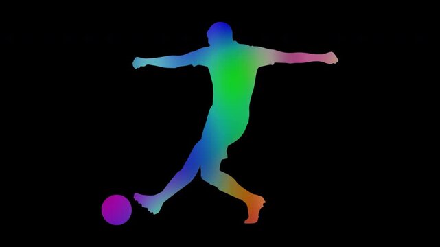 Colorful abstract patterns of soccer play by a male athlete, alpha channel, looping