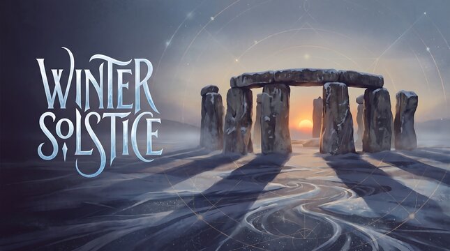 Mystical Winter Solstice illustration of Stonehenge ancient ruins with sunrise behind monoliths, snowy landscape and celestial astronomical lines.