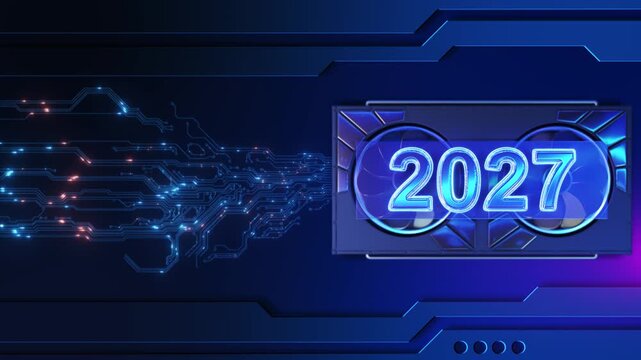 A digital 2027 year counter shines cyber 19 frame electronic pathways. New Year 2027 , midnight countdowns, business goals, innovation themes, annual reports, event openings futuristic holiday