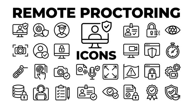 Remote Proctoring Icons: A collection of clean, modern line icons illustrating various aspects of remote proctoring, including security, identity verification, and exam supervision.