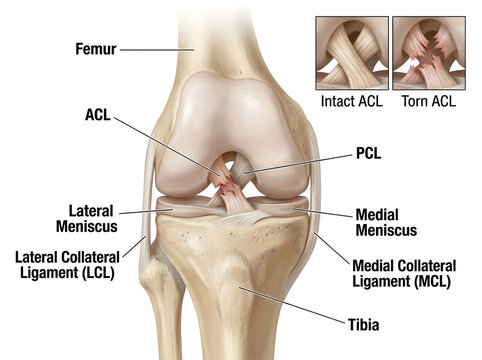 Anatomical illustration of human knee joint with labeled ligaments isolated on white background