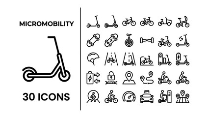 Micromobility Icons Collection: A comprehensive set of 30 icons showcasing various micromobility vehicles and related elements, perfect for design and informational graphics. © Saima