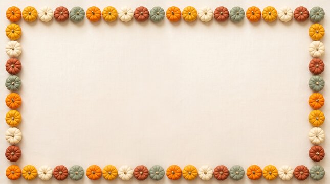Decorative rectangular border of small multicolored harvest pumpkins arranged on a light beige background for autumn holiday
