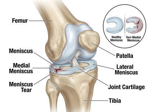 Knee anatomy diagram showing torn medial meniscus injury isolated on white background