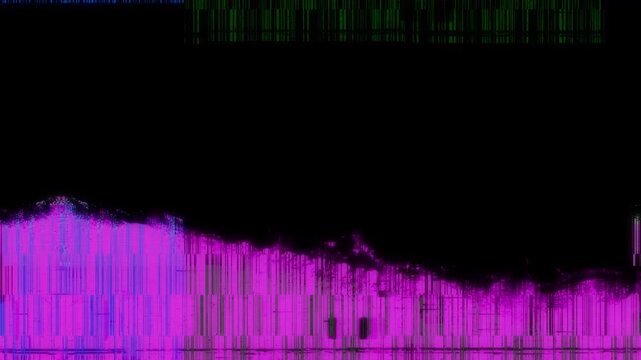Vivid RGB bands, pixel noise flicker glitch background. digital error transitions, music videos, cyberpunk visuals, television interference, gaming edits, broadcast openers and experimental motion