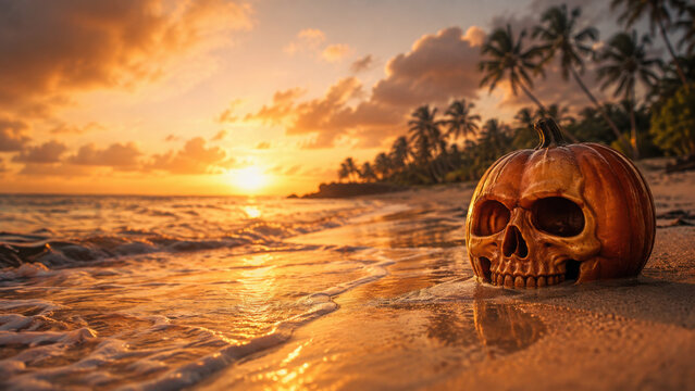 Halloween pumpkin skull on tropical beach at sunset with palm tree silhouette and ocean waves creating spooky atmosphere