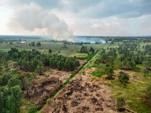 Aerial view of a wildfire producing a large plume of smoke over a rural landscape with patches of burnt vegetation, green trees, and a small building in Indonesia.