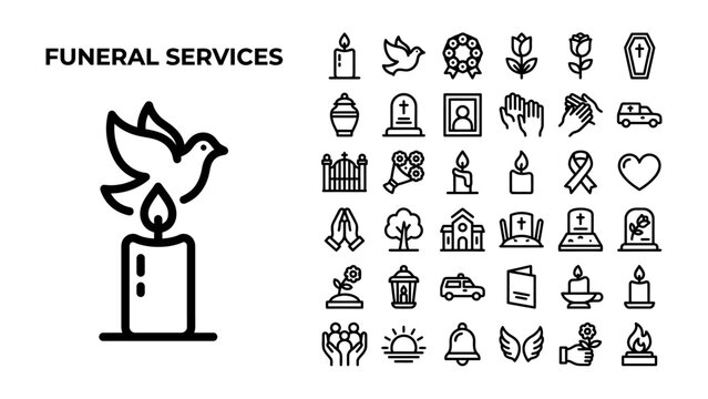 Funeral Services Icons: A collection of simple, elegant line art icons representing funeral services, including a dove, candle, coffin, and cross, conveying themes of remembrance, grief.