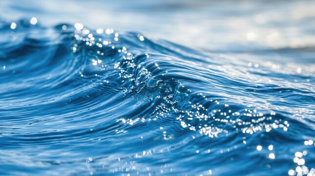 Close Up Clear Blue Ocean Wave with Sparkling Sunlight Reflections and Smooth Flowing Water