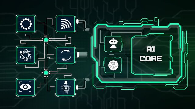 Artificial intelligence AI core system display featuring robotic automation, quantum computing, cloud wifi network and microchip processor