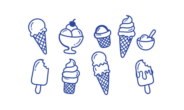 Set of handdrawn ice cream icons, including various scoops, cones, popsicles, and sundaes with a cherry on top, simple doodle style illustrations for summer treats and dessert menus