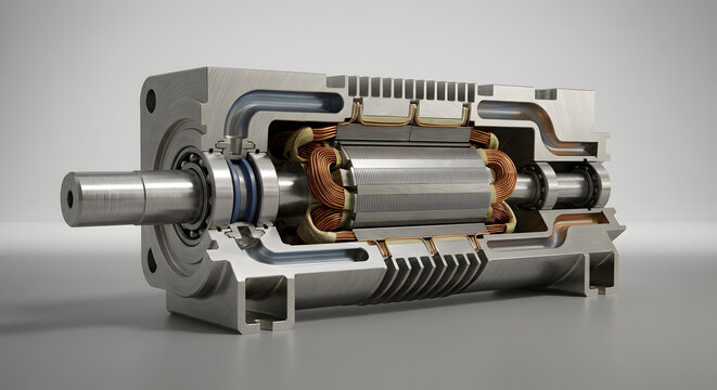 Electric Motor Cutaway Showing Internal Stator Rotor and Copper Windings