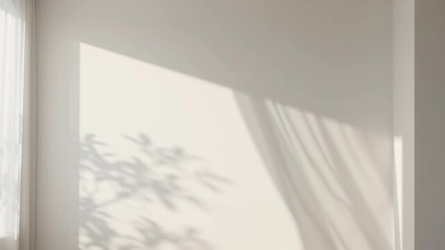 Minimalist interior background with white wall, sunlight shadow and curtain drape for product presentation