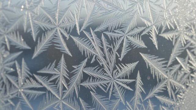 Intricate frost crystals on a window during winter, showcasing delicate ice patterns and cold weather beauty