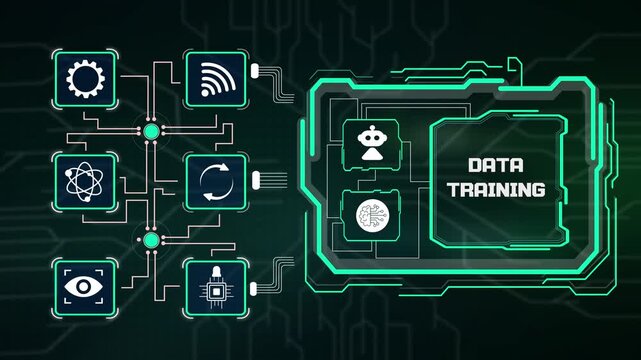Futuristic system interface monitoring active data training pipeline, smart model tuning and automated cloud analytics