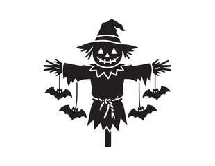 Fototapeta premium Scarecrow with a carved pumpkin head and hanging bat decorations for a halloween party theme
