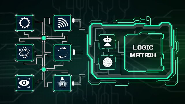 Logic matrix structural computing interface mapping neural decision pathways, binary grid data and algorithmic logic