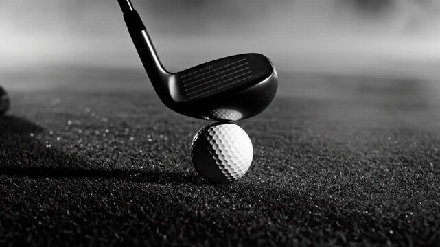 Black and White Golfing Shot: Close Up of a Golf Club Hitting the Ball on Green Grass with Fog