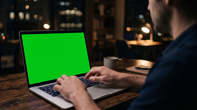 Over the shoulder view of a man working late at night on a laptop with a chroma key green screen in a dark home office