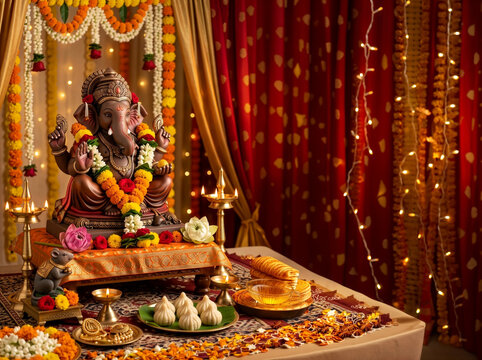 Lord Ganesha Idol Decorated for Diwali Puja With Lamps, Flower Garlands and Traditional Offerings
