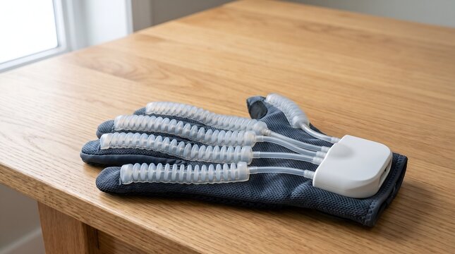 Pneumatic soft robotic hand therapy rehabilitation glove with flexible silicone elastomer tubes resting on natural timber physical therapy occupational clinic table for stroke recovery visual