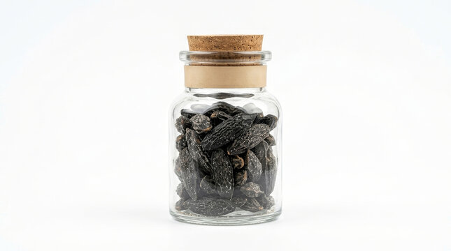 Dark whole pods displayed in clear glass jar for sale