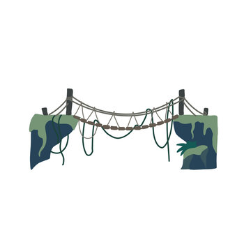 Wooden Rope Suspension Bridge Connecting Rocky Cliffs Illustration
