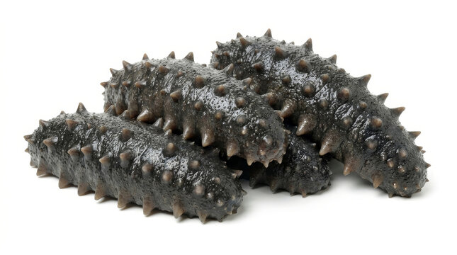 Spiky sea urchins resting on white background studio shot