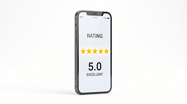 Mobile rating and customer review concept. Modern smartphone displaying five star rating and score