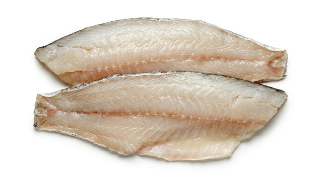 Fresh white fish fillets lying on a clean white background