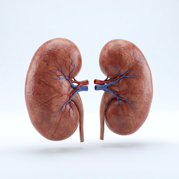 Anatomical model of pair of human kidneys with renal arteries veins and ureters isolated on light background showing renal system