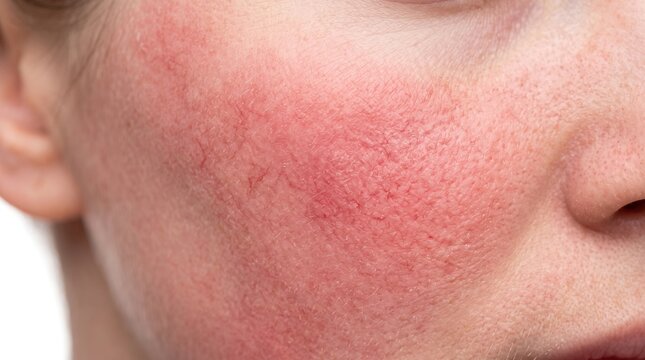 Detailed macro of female cheek showing facial rosacea erythema and dilated spider veins