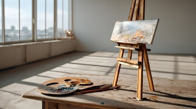 Wooden easel holding an abstract painting beside a paint palette in a sunlit studio. Generated by AI.