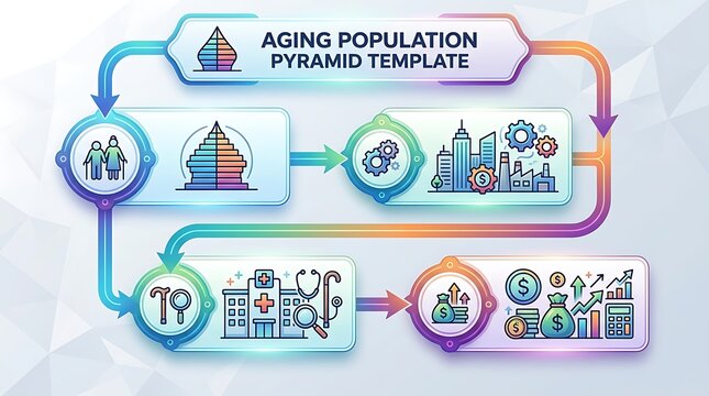 Aging population infographic template with demographic icons